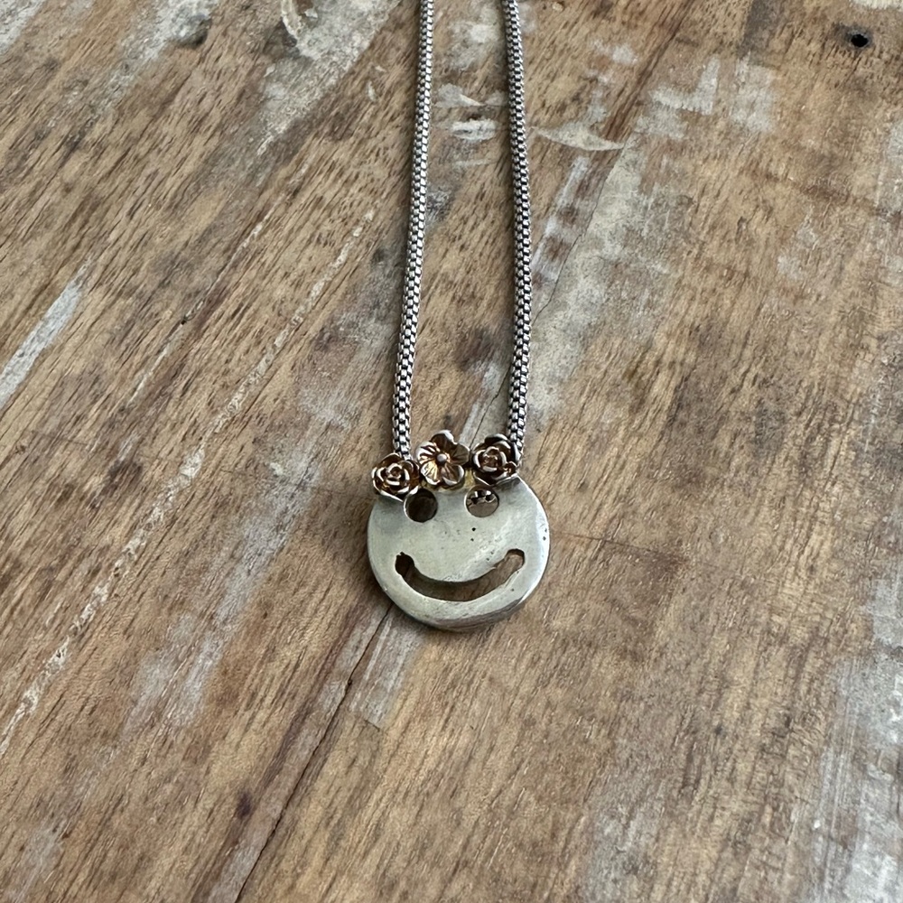 Sterling Silver, Handmade Smiley Face Necklace with Rose Accents